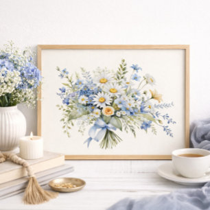 Blå vit vildblomma Daisy Bouquet Hemdekor Poster