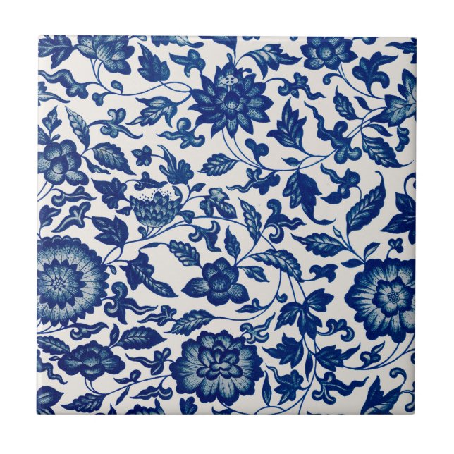 Blå Vit Vildblomma Fransk Landstil Chinoiserie  Kakelplatta (Framsidan)