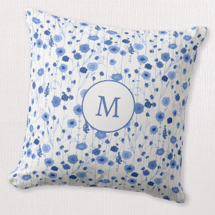 Blå Vit Vildblomma Monogram Initial Blomma Kudde