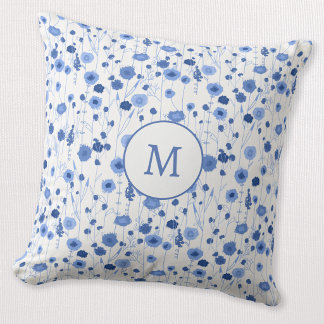Blå Vit Vildblomma Monogram Initial Blomma Kudde