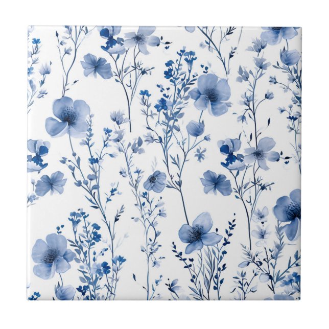 Blå Vit Vildblomma Vattenfärg Blommönster Kakelplatta (Framsidan)