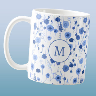 Blå Vit Vildblomsäng Botanisk Monogram Kaffemugg