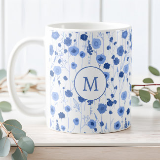 Blå Vit Vildblomsäng Botanisk Monogram Kaffemugg