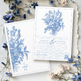 Blå & Vit Vintage Blommig Elegant Trädgårdsbröllop Inbjudningar