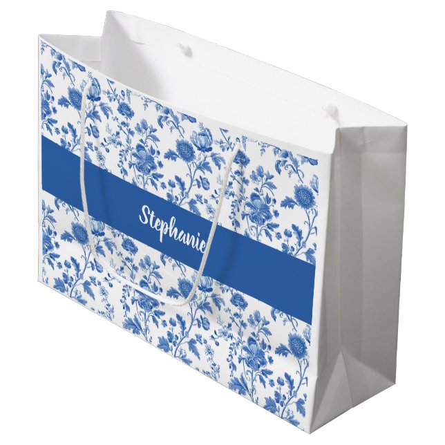 Blå Vit Vintage Blommig Monogramnamn (Framsidan Vinklad)