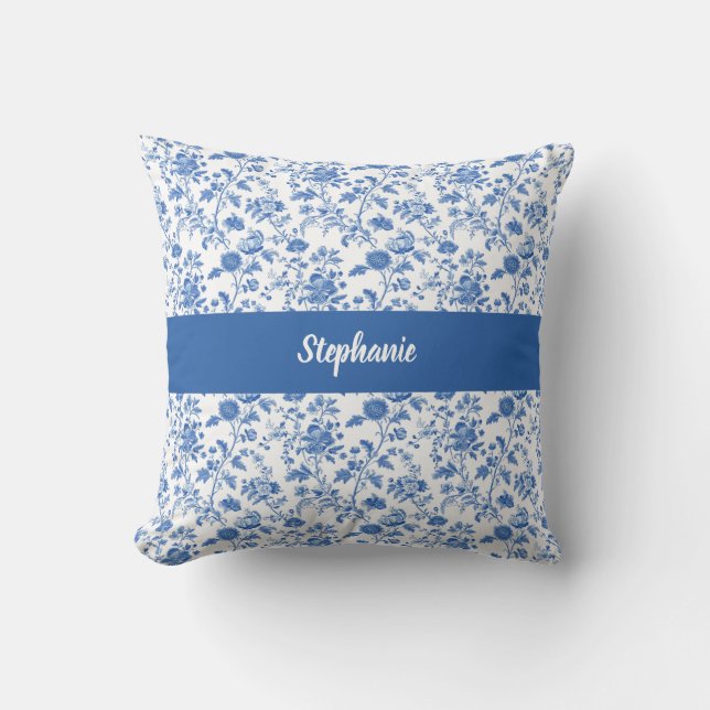 Blå Vit Vintage Blommig Personlig Namn Kudde (Framsida)
