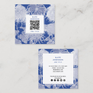 Blå vit vintage chinoiserie blom QR-kod Fyrkantigt Visitkort