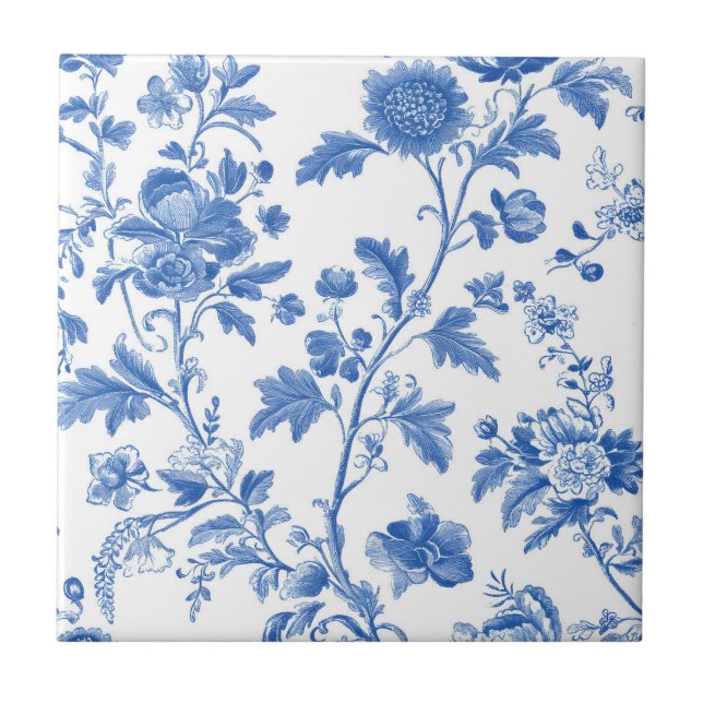Blå Vit Vintage Toile Blommig Kakelplatta (Framsidan)