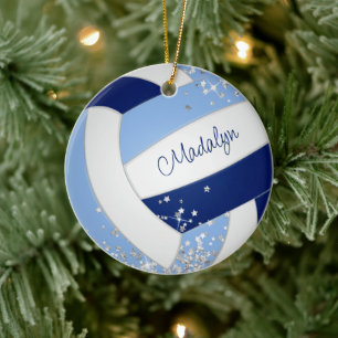 blå vit volleyball pytteliten silver stjärna accen julgransprydnad keramik