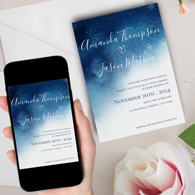 Blå vit whimsisk snöflake Elegance Bröllop Inbjudningar (Blue White Whimsical Snowflake Elegance Wedding Invitation)