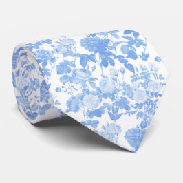 Blå Vita Blommiga Rosor Fransk Chinoiserie Mönster Slips