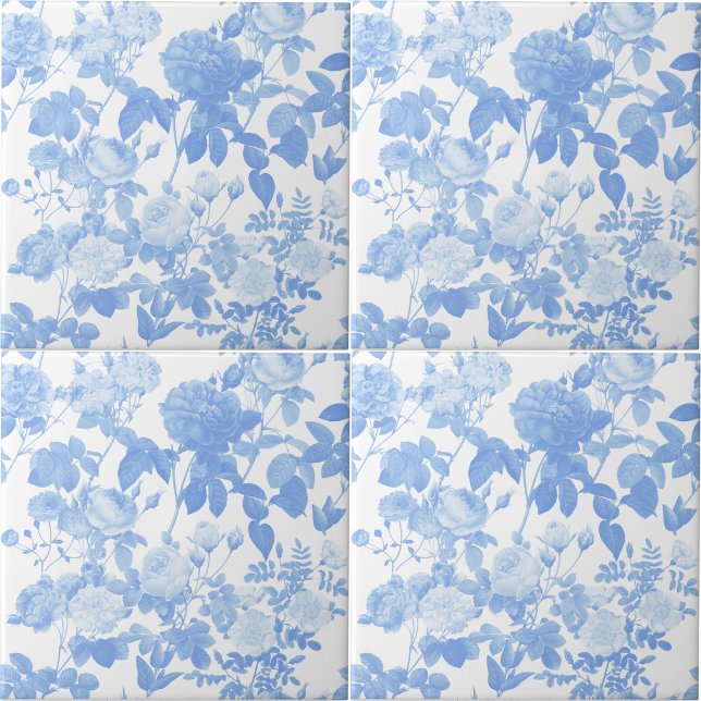 Blå Vita Blommiga Rosor Fransk Mönster Kakelplatta (Blue White Floral Roses French Pattern Ceramic Tile)