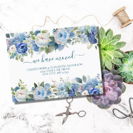 Blå Vita Blommor Blommor Skript Flyttar Meddelande Vykort
