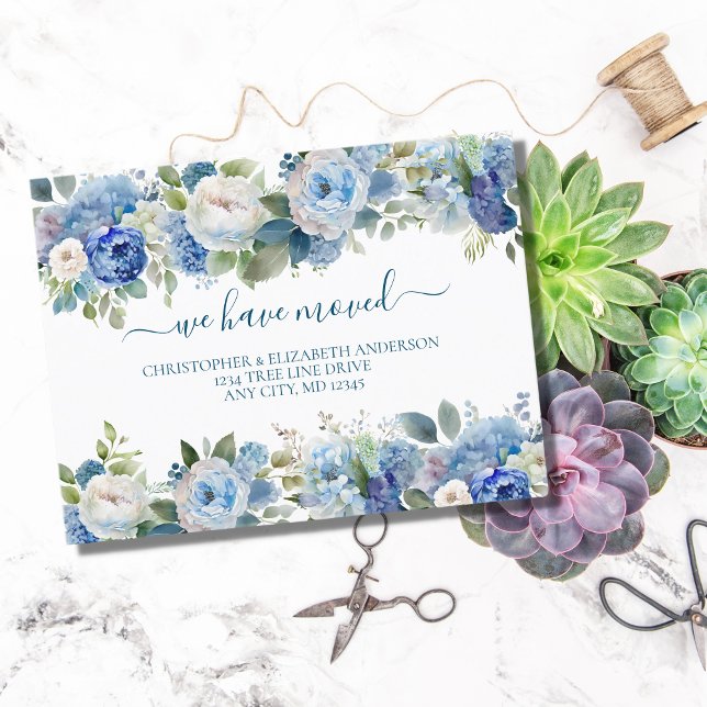 Blå Vita Blommor Blommor Skript Flyttar  Meddelande Vykort (Skapare uppladdad)