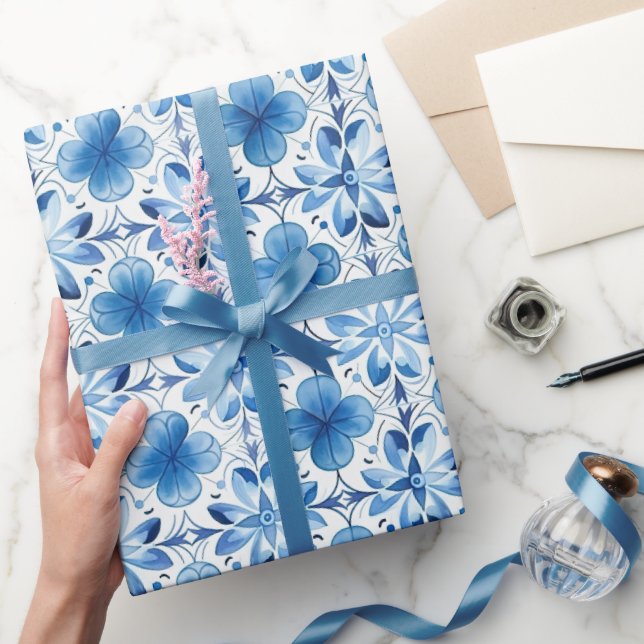 Blå Vita Blommor Bröllopsdusch Presentpapper (Gifting)