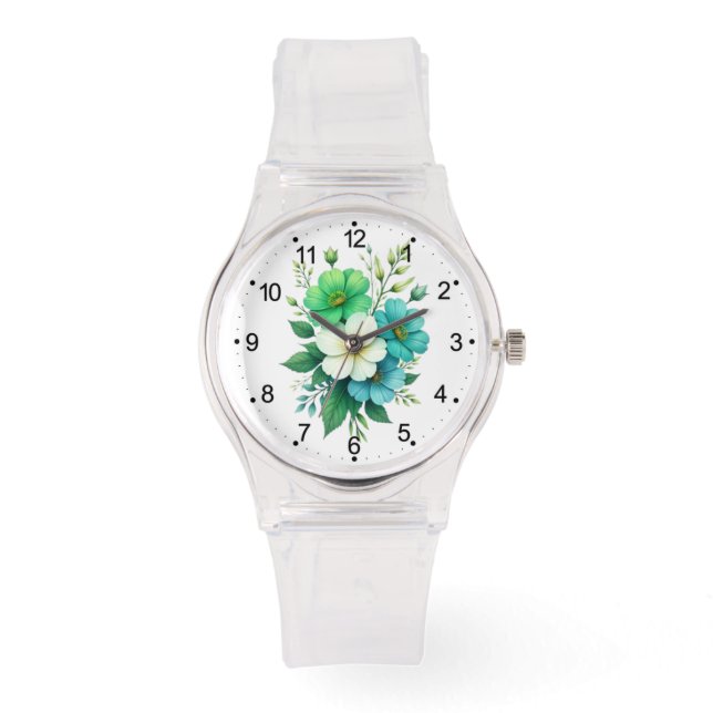 Blå Vita Blommor Bukett-57453 Armbandsur (Framsida)