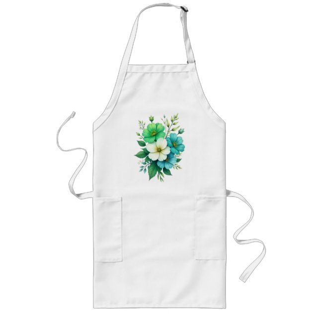 Blå Vita Blommor Bukett-57453 Långt Förkläde (Framsidan)