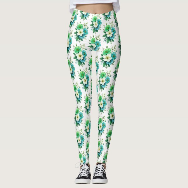 Blå Vita Blommor Bukett-57453 Leggings (Framsida)