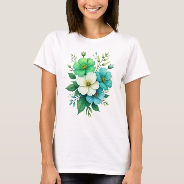 Blå Vita Blommor Bukett-57453 T Shirt (Framsida)