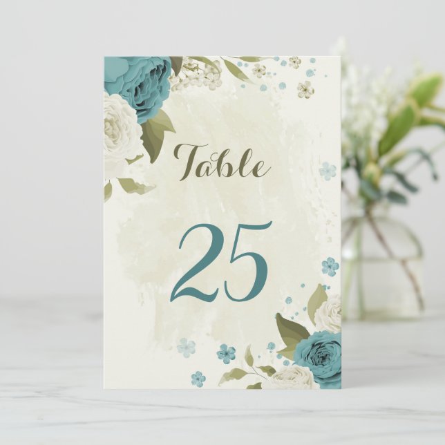 blå vita blommor grönska bord nummer kort (Stående Fram)