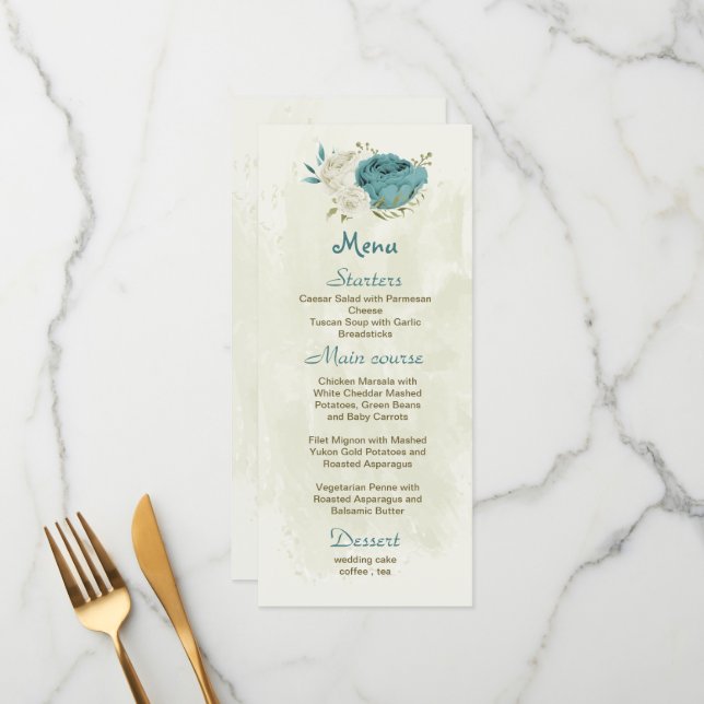 Blå vita blommor grönska bröllop meny (Fram/Back In Situ)