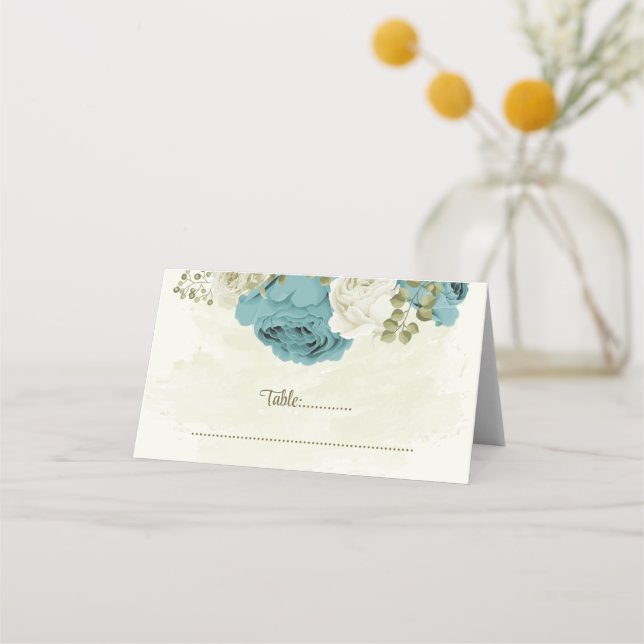 Blå vita blommor grönska bröllop placeringskort (Framsida)