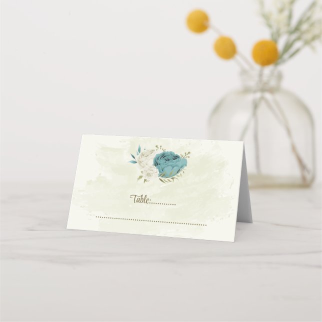 Blå vita blommor grönska bröllop placeringskort (Framsida)