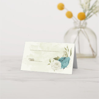 Blå vita blommor grönska bröllop placeringskort