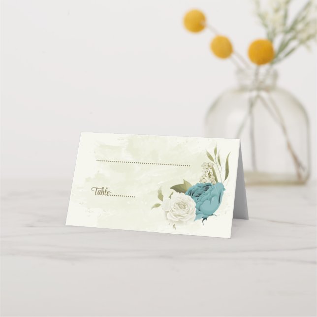 Blå vita blommor grönska bröllop placeringskort (Framsida)