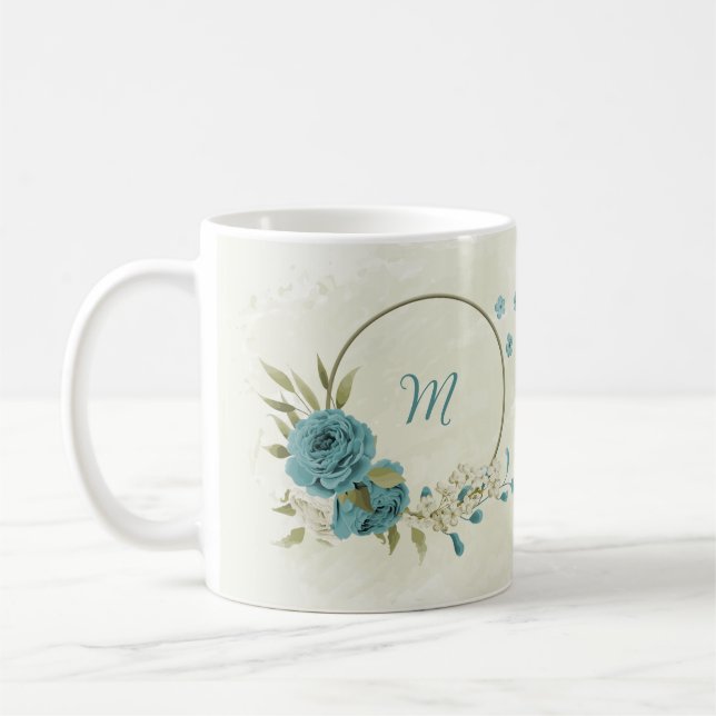 blå vita blommor grönska  kaffemugg (Vänster)