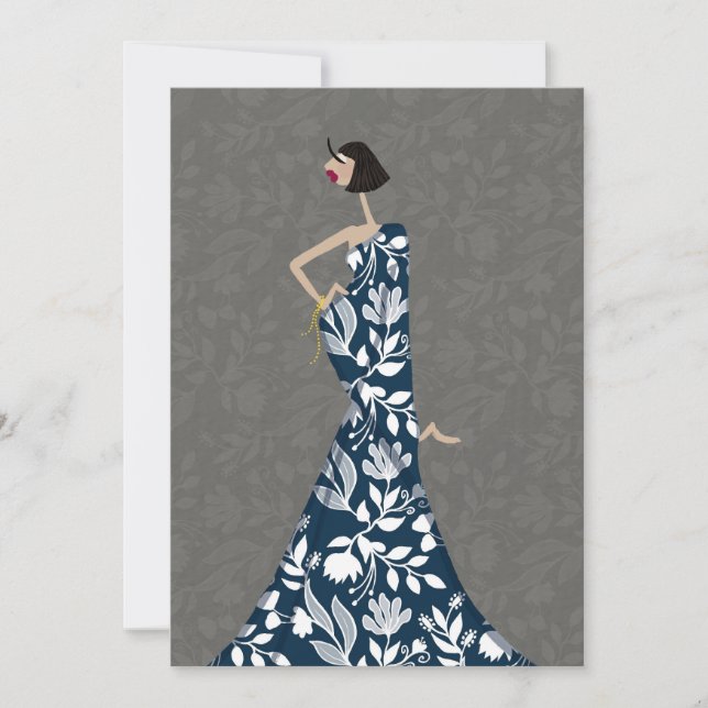 Blå & Vita Blommor Mode Illustrations Konstkort Inbjudningar (Framsida)
