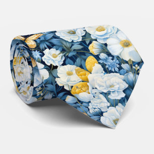 Blå vita blommor och fjärilar av guld slips