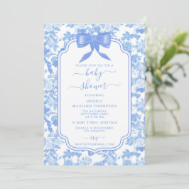 Blå Vita Blommor Rosor Chinoiserie Baby Shower Inbjudningar