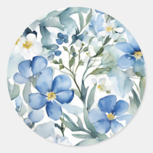 Blå Vita Blommor Vattenfärg Chic Runt Klistermärke