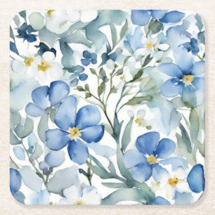 Blå Vita Blommor Vattenfärg Chic Underlägg Papper Kvadrat