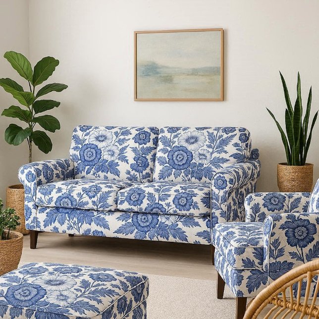 Blå Vita Blommor Viktoriansk Antik Trädgårdsdekora Tyg (Blue White Florals Victorian Vintage Garden Decor Fabric)