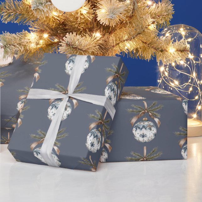 Blå Vita Champagne Guld Ornamenter Jul Presentpapper (Helgdagar)