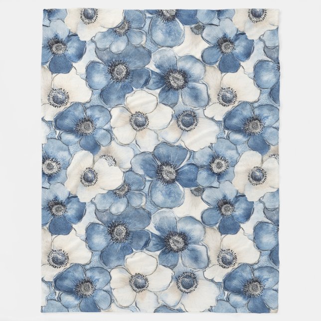 Blå Vita Denim Blommor Födelsedag Fleecefilt (Framsidan)
