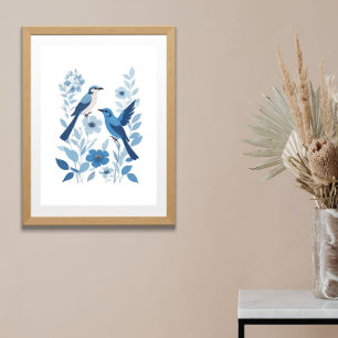 Blå Vita Fåglar och Blommiga Blommor Akvarell Poster