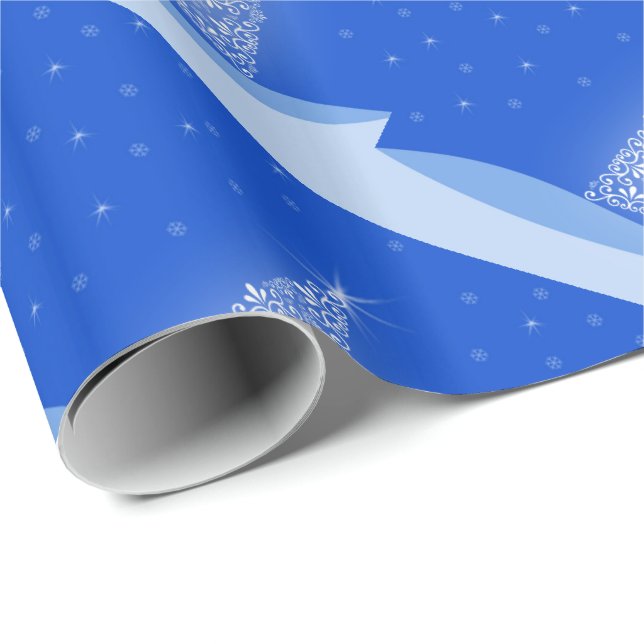 Blå vita God jul Träd Mönster med stjärnor Presentpapper (Rullad Hörn)