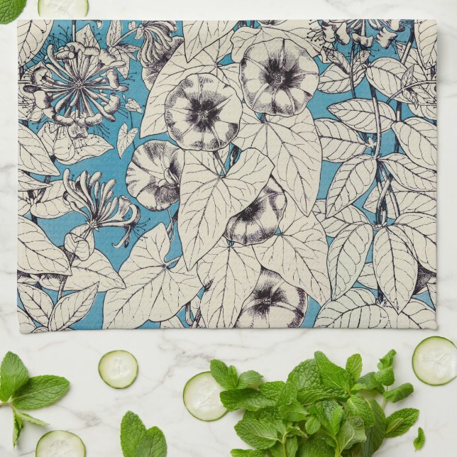 Blå vita grafikblommor Mönster Kökshandduk (Vikta)