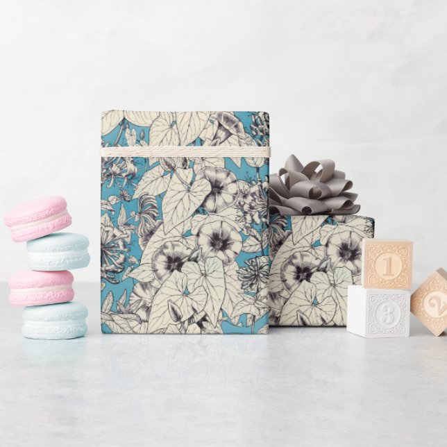 Blå vita grafikblommor Mönster Presentpapper (Baby Shower)