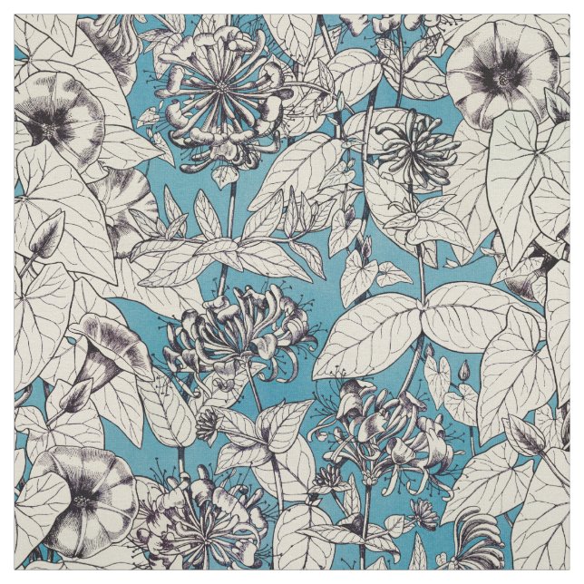Blå vita grafikblommor Mönster Tyg (Provkarta)