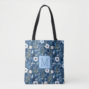 Blå, Vita, Gula Blommor Färgblock Monogram Tygkasse