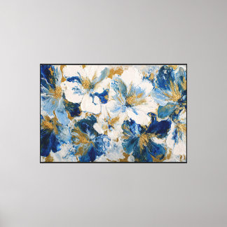 Blå, Vita & Guld Texturerade Blommor – Abstrakt Canvastryck