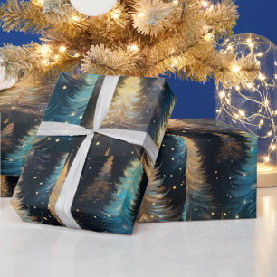 Blå Vita Guld Träd Modern Jul Presentpapper