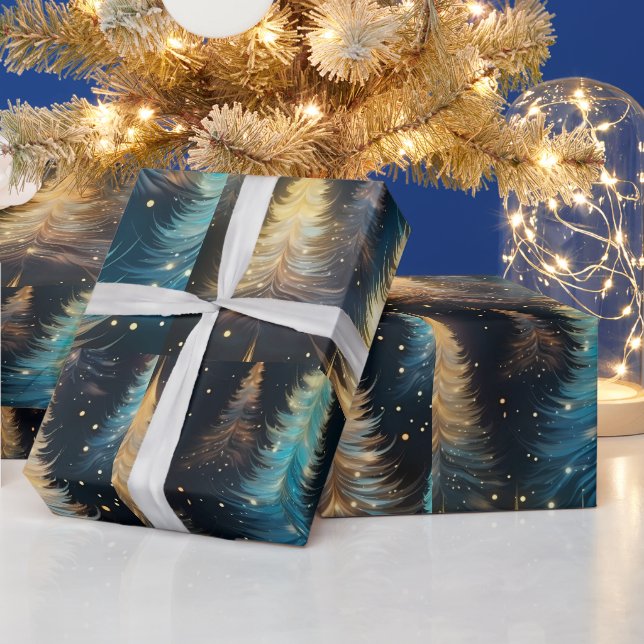 Blå Vita Guld Träd Modern Jul Presentpapper (Helgdagar)