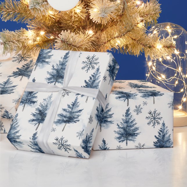 Blå Vita Julgranar Snöflingor Presentpapper (Helgdagar)