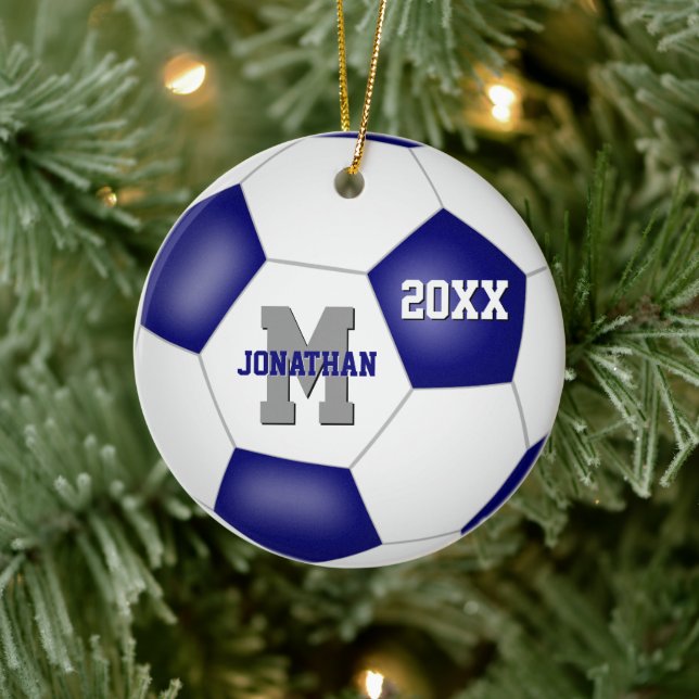 Blå vita laget färg-pojkar flickor-fotboll julgransprydnad keramik (Träd)