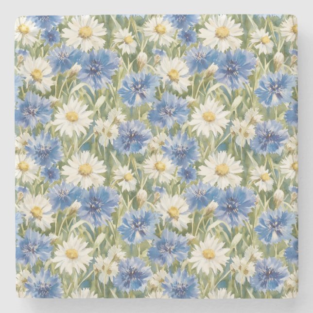 Blå Vita Margueritblommor Stenunderlägg (Framsidan)